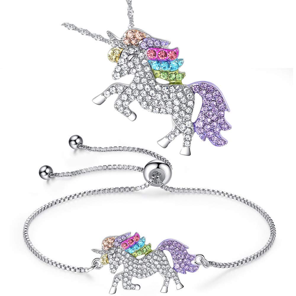 SANNIDHI 2PCS Colorful Unicorn Bracelet Necklaces Set , Fashion Zircon Unicorn Necklace Pendant Birthday Gifts for Girl Woman SANNIDHI 2PCS Colorful Unicorn Bracelet Necklaces Set , Fashion Zircon Unicorn Necklace Pendant Birthday Gifts for Girl Woman